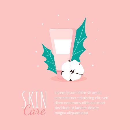 Template background with skin cream with cute cotton plant. Skincare poster for cosmetics shop, social media in cartoon style. Vector Illustrationのイラスト素材