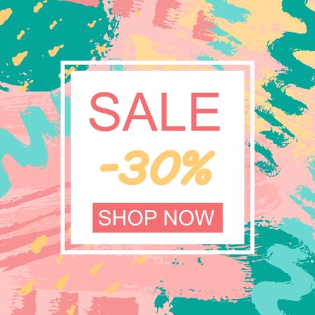 Season sale poster. Shop Now on paint memphis doodle background. Template for offer. Vector Illustration のイラスト素材