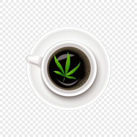 Realistic cup of coffee with green cannabis leaf on transparent background. Isolated hot drink for poster, designs, card, coffeeshop, web. Vector Illustrationのイラスト素材