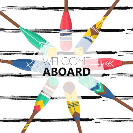 Poster  with Welcome Aboard quote poster template. Composition with realistic wood paddle boat and hand draw ink on striped background. Printable card for post, Internet, social. Vector Illustration   のイラスト素材