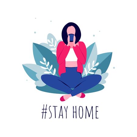 Hashtag Stay Home card. Young girl sitting with paper cup in the hand on quarantine at home on big leaves background. Positive vector illustrationのイラスト素材