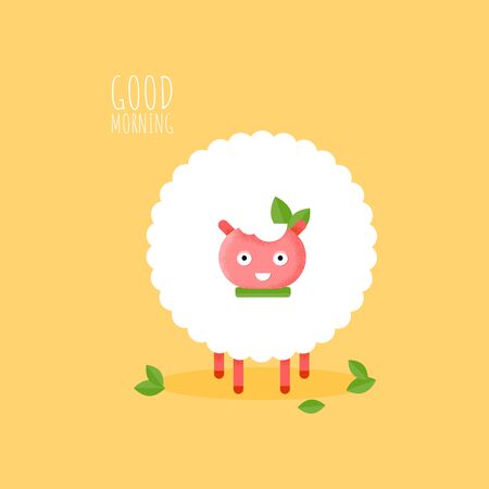 Cute flat sheep character smiling and eating for card. Cartoon vector funny animal. Baby ewe icon for sticker on yellow background. Illustration good morning posterのイラスト素材