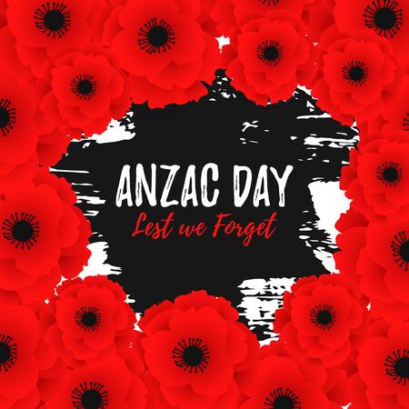Anzac Day card template with red poppy flower. Lest we forget text. Remembrance day on hand drawing ink of paint. Vector Illustrationのイラスト素材