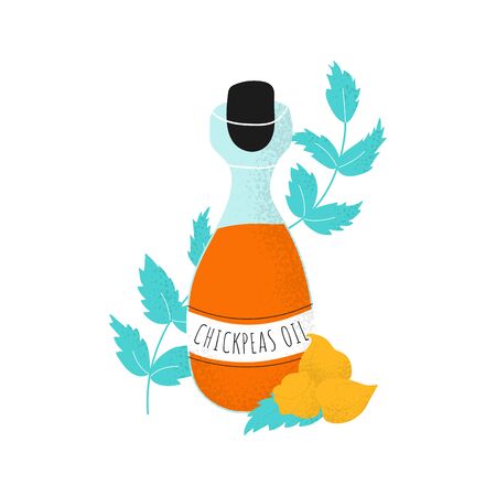 Glass bottle with chickpeas oil and leaf. Gram or chickpea liquid in scandinavian vector style. Healthy protein food. Background illustrationのイラスト素材