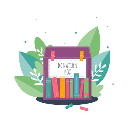Donation box with books and big leaves background in modern flat style. Isolated charity recycle gift. New life for used book concept. Vector Illustrationのイラスト素材