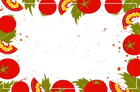 Template poster with tomato and leaf frame. Shop, sale, market background. Healthy food. Vector illustration のイラスト素材