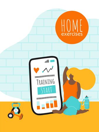 Young girl training fitness home. Workout exercises online. Modern flat style character. Poster background concept with sport hobby for healthy life. Vector Illustrationのイラスト素材