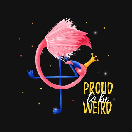 Pround to be weird text quote. Printable poster with flamingo in gold crown. Cute baby shower poster, t-shirt background. Vector illustrationのイラスト素材