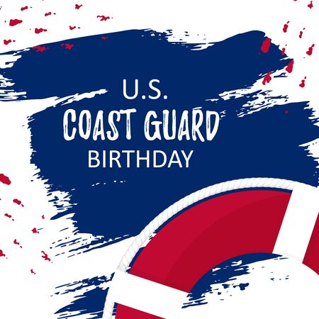 Template card with US Coast Guard Birthday on brush paint ink. Flat lifebuoy with white rope. Concept vector illustration backgroundのイラスト素材