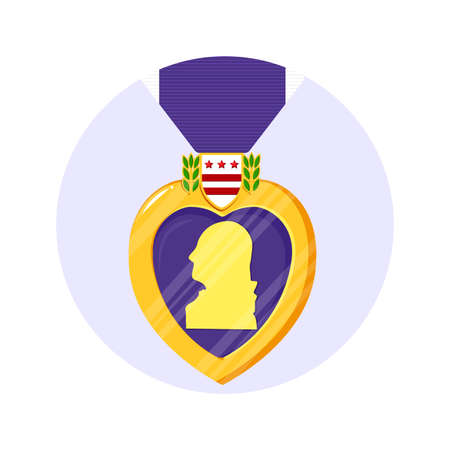 Purple Heart Orden in the circle. Isolated vector badge and purple ribbon in flat style. Celebrate honor, courage, merit. 7 august in USAのイラスト素材