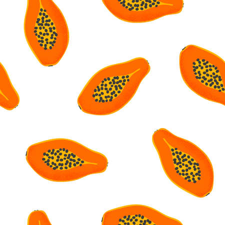 Seamless pattern with papaya fruit in vector format. Printable repeat orange tropical food for texture, textile background. Simple cute slice of papaw. Illustrationのイラスト素材