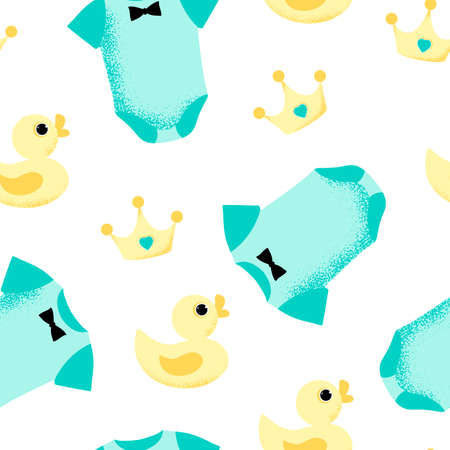 Seamless pattern with crown, duck and bodysuit in blue green color for boy. Background for design baby shower celebration. Vector Illustrationのイラスト素材