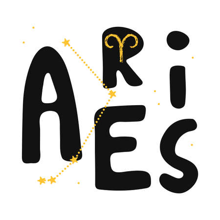 Aries vector zodiac sign. Hand lettering horoscope illustration in cute Scandinavian style. Isolated paint  . Forecast 2021. Modern card backgroundのイラスト素材