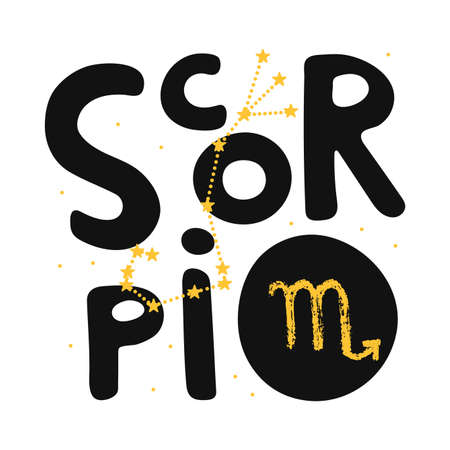 Scorpio vector zodiac sign. Hand lettering horoscope illustration in cute Scandinavian style. Isolated paint . Forecast 2021. Modern card backgroundのイラスト素材