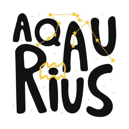 Aquarius vector zodiac sign. Hand lettering horoscope illustration in cute Scandinavian style.のイラスト素材
