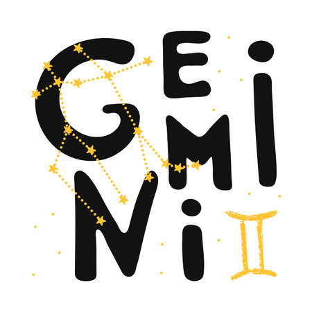 Gemini vector zodiac sign. Hand lettering horoscope illustration in cute Scandinavian style.のイラスト素材