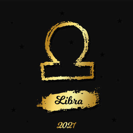 Vector gold zodiac sign. Libra hand drawn by paint brush. Horoscope   for 2021 on black background. Birthday illustrationのイラスト素材