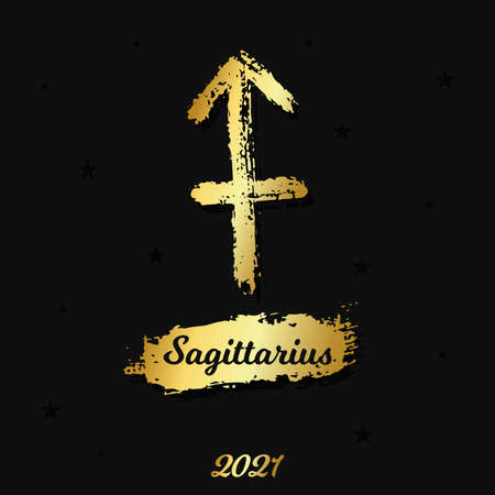 Vector gold zodiac sign. Sagittarius hand drawn by paint brush. Horoscope   for 2021 on black background. Birthday illustrationのイラスト素材