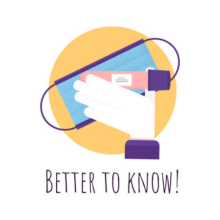 Glass tube test on hand in medical gloves with word Better to know quote. Covid-19 test. Blood samples. Coronavirus test. Flu analysis for laboratory. Vector illustrationのイラスト素材