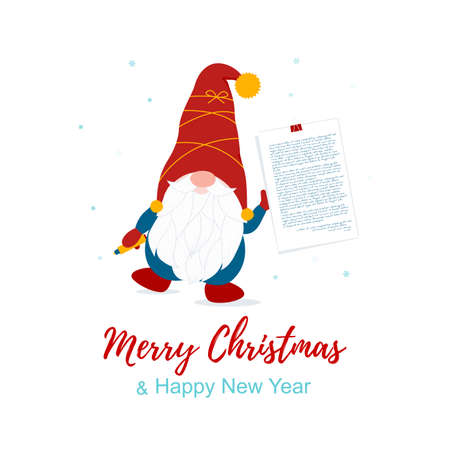Merry Christmas card with cute Nordic vector gnome and paper with text. Printable background card. Winter outsite design. Vector illustrationのイラスト素材