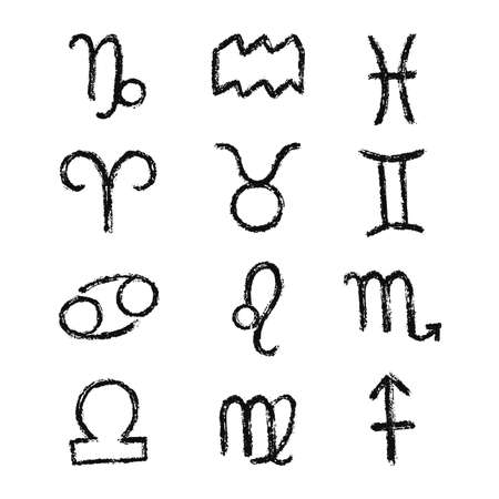 Vector zodiac sign set. Unique logo handdrawing by paint brush. Horoscope isolated symbol for 2021. Black illustrationのイラスト素材