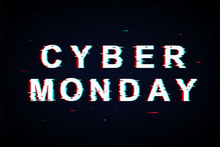 Cyber Monday template poster in neon glitch style. Vector sale banner with modern text. December holiday. Vector illustration for saleの写真素材