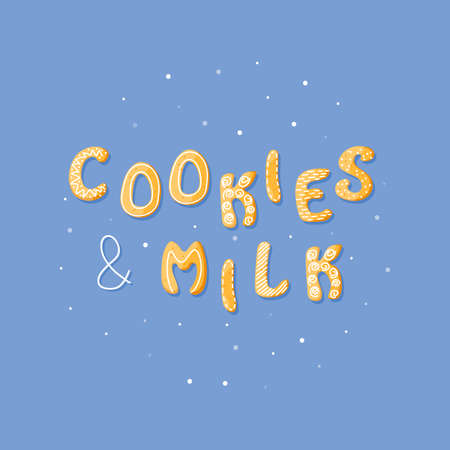 Cookies and Milk vector gingerbread cracker. Sweet isolated text. Cartoon food typography. Vector illustrationのイラスト素材