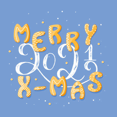 Merry Christmas vector background with hand lettering 2021. Merry Xmas from gingerbread crackers in cute cartoon style. Vector illustrationのイラスト素材