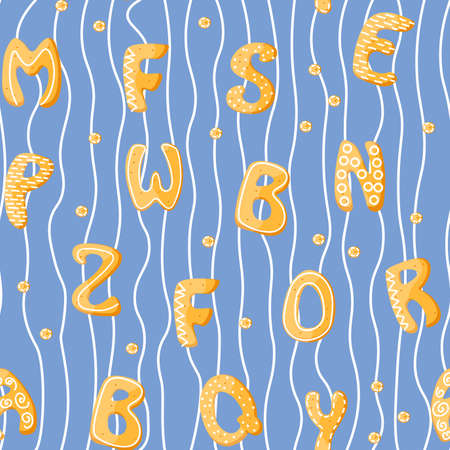 Seamless pattern with Christmas alphabet cookies on wave background. Cute gingerbread repeat background on blue in cartoon style. Letter for present, wallpaper, banner, poster. Vector illustrationのイラスト素材