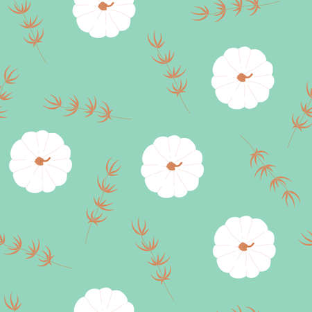 Seamless pattern with autumn white pumpkin in modern flat style. Holiday symbol. Background for print wallpaper, textile, thanksgiving. Vector illustration on greenのイラスト素材