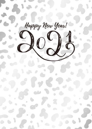 Happy New Year 2021 vertical template card. Hand draw lettering on modern silver cow hide pattern background. Vector textureのイラスト素材