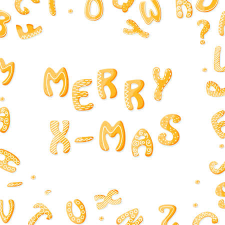 Merry Christmas cookie background. Vector gingerbread with sugar. Merry Xmas quote. Crackers in cartoon style. Template banner, sale, winter illustrationのイラスト素材