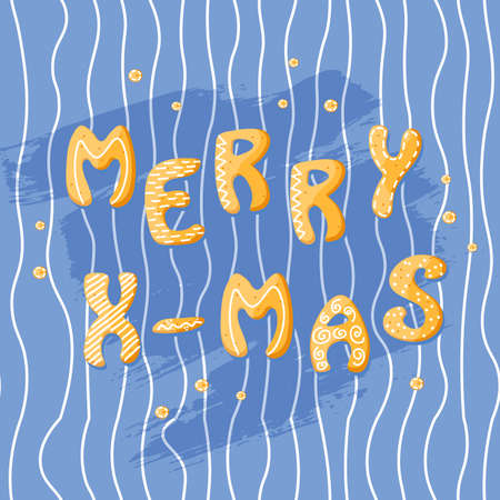 Merry Christmas cookie background. Vector gingerbread with sugar. Merry Xmas quote. Crackers in cartoon style. Template banner, sale, winter illustrationのイラスト素材
