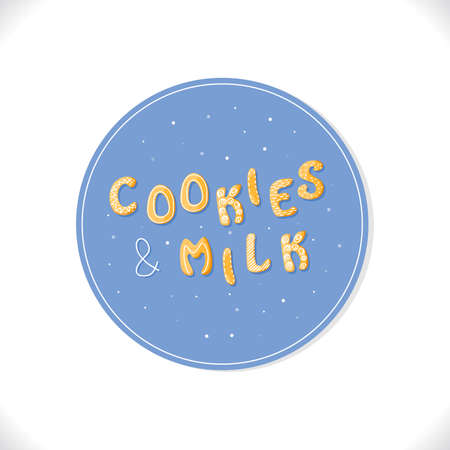 Cookies and Milk vector gingerbread cracker in blue circle. Sweet isolated text. Cartoon food typography. Vector illustrationのイラスト素材