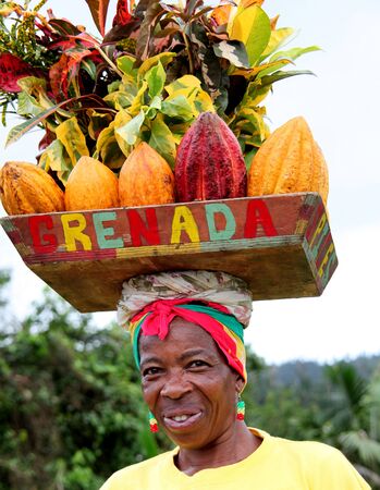Grenada, VI-January 27, 2009- Grenada woman holding nutmeg spices on her head for picture taking.(vma 2009)のeditorial素材