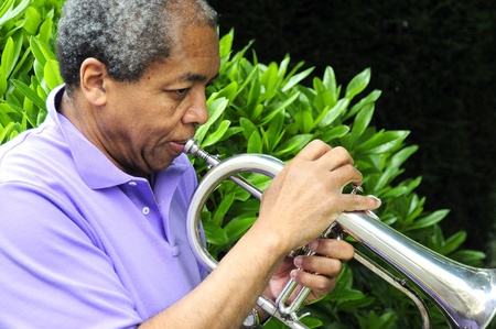African american male with his flugelhorn.の写真素材