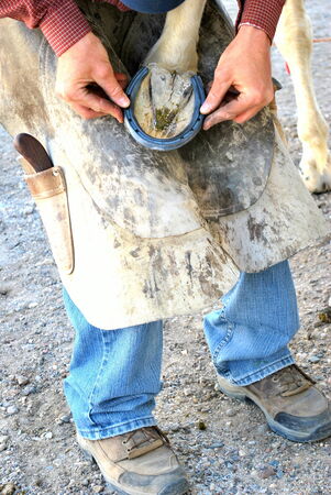 Male farrier working on a horseshoe の写真素材