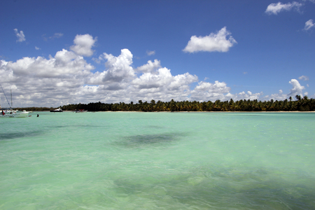 seascape, seen from the beach and on the horizon Saona island with palm trees, blue sky and cloudsのeditorial素材