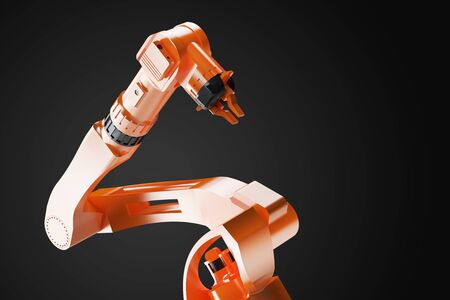 3d render - illustration of Industrial welding robots in production line factory - Robotic manufacturing Arm machinery close view on black backgroundの写真素材
