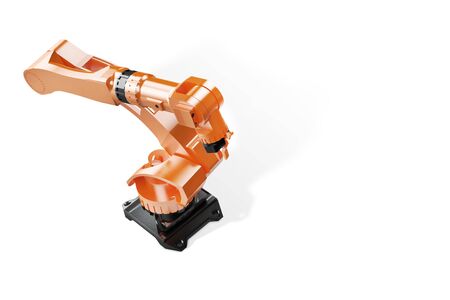3d rendering - illustration of Industrial welding robots in production line factory - Robotic manufacturing Arm machinery top view on white backgroundの写真素材
