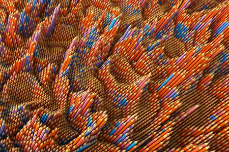3D Illustration - Creative background of colored pencils with different elevation. Red abd Blue pattern.の写真素材