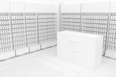 3D Illustration Rendering. Clean Pharmacy views on white backgorund for presentation and mockup blueprints. Architectural visualization of Modern interior design store. Side viewの写真素材