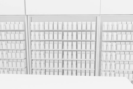3D Illustration Rendering. Clean Pharmacy views on white backgorund for presentation and mockup blueprints. Architectural visualization of Modern interior design store. Table store center, customer satisfactionの写真素材