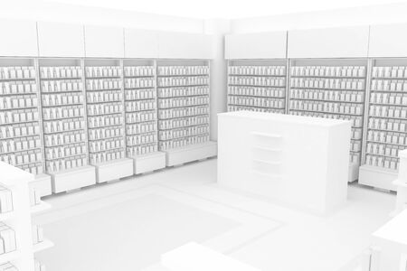 3D Illustration Rendering. Clean Pharmacy views on white backgorund for presentation and mockup blueprints. Architectural visualization of Modern interior design store. Table viewの写真素材