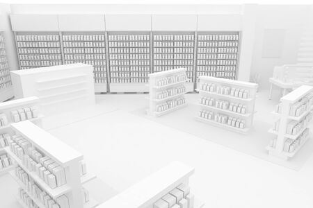 3D Illustration Rendering. Clean Pharmacy views on white backgorund for presentation and mockup blueprints. Architectural visualization of Modern interior design store. Top Viewの写真素材