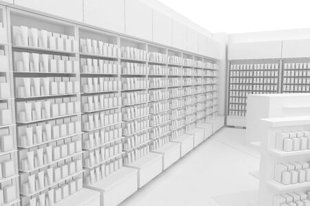 3D Illustration Rendering. Clean Pharmacy views on white backgorund for presentation and mockup blueprints. Architectural visualization of Modern interior design store. Top Viewの写真素材