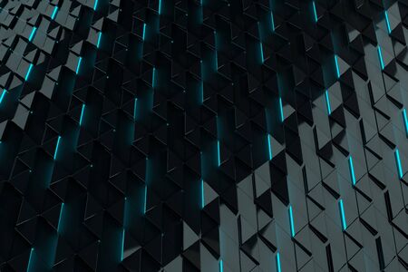 3D Illustration Rendering. Abstract Tech Concept Wallpaper with 3D elements with led light rising. Depht of field, Bokeh, glass reflections, grid with architectural inspiration. Colorful sci fi background.の写真素材