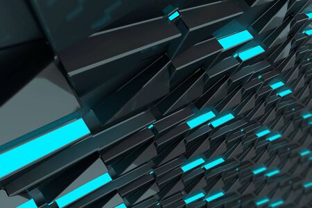 3D Illustration Rendering. Abstract Tech Concept Wallpaper with 3D elements with led light rising. Depht of field, Bokeh, glass reflections, grid with architectural inspiration. Colorful sci fi background.の写真素材