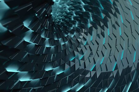 3D Illustration Rendering. Abstract Tech Concept Wallpaper with 3D elements with led light rising. Depht of field, Bokeh, glass reflections, grid with architectural inspiration. Colorful sci fi background.の写真素材