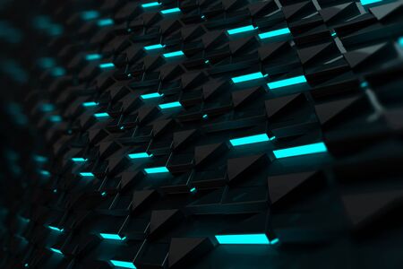 3D Illustration Rendering. Abstract Tech Concept Wallpaper with 3D elements with led light rising. Depht of field, Bokeh, glass reflections, grid with architectural inspiration. Colorful sci fi background.の写真素材